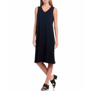 Eileen Fisher Viscose Knit Dress SZ M Midi V-Neck Designer Black